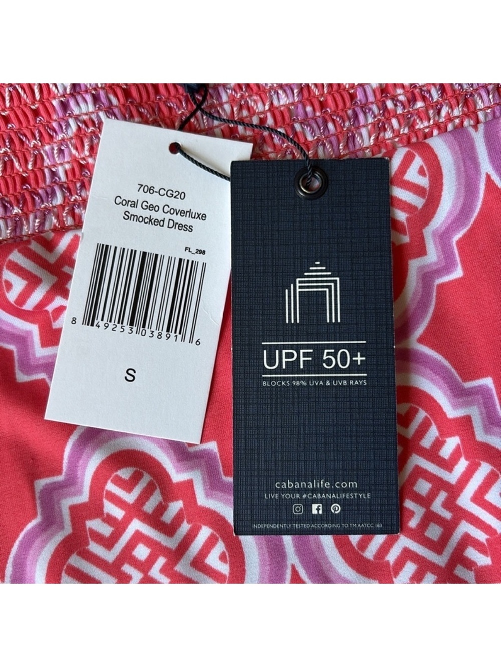NWT Cabana Life Coral Geo Coverluxe Smocked Off-the-Shoulder Tassel Dress Small - Picture 5 of 13